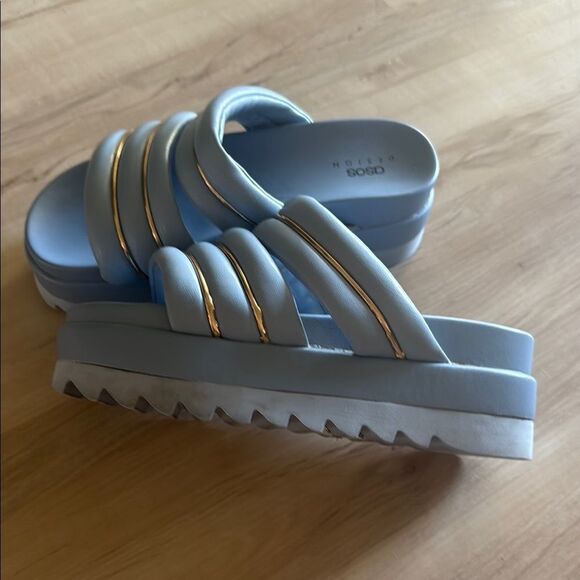 ASOS Blue and Gold Platform slide Mule Sandals with Chunky pillow Design - Picture 3 of 6